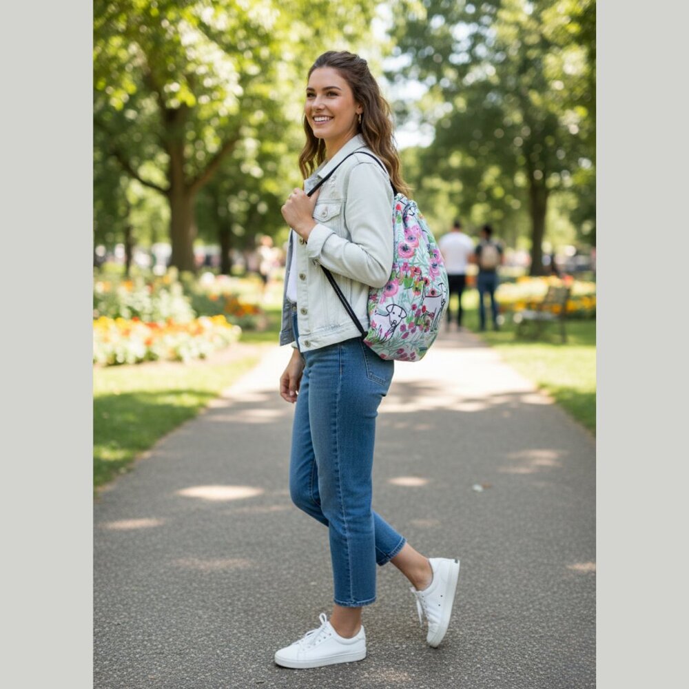 Pink Floral Drawstring Cinch Backpack with Dog Graphic Puppy Print Travel Tote - Picture 11 of 11